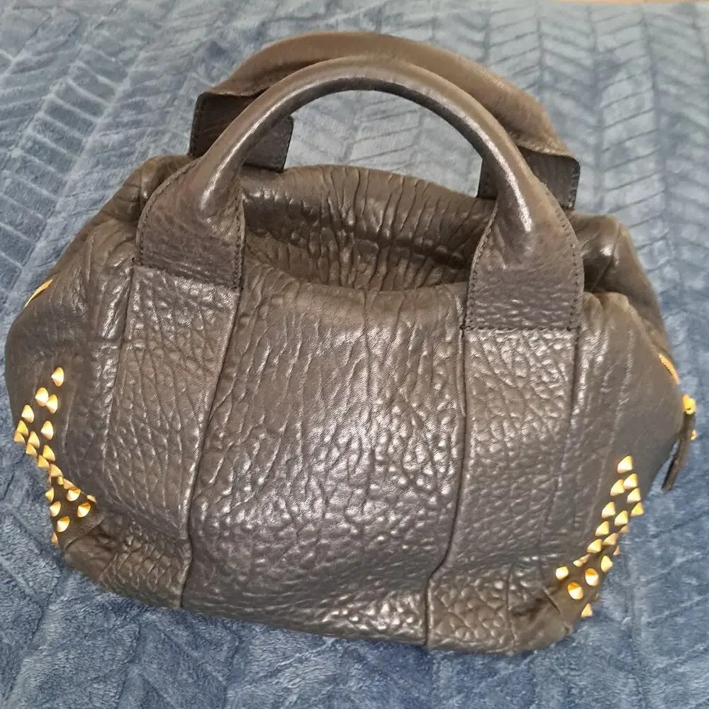 MCM Keana Boston Studded 2-Way Satchel Handbag Shoulder Bag Black Leather